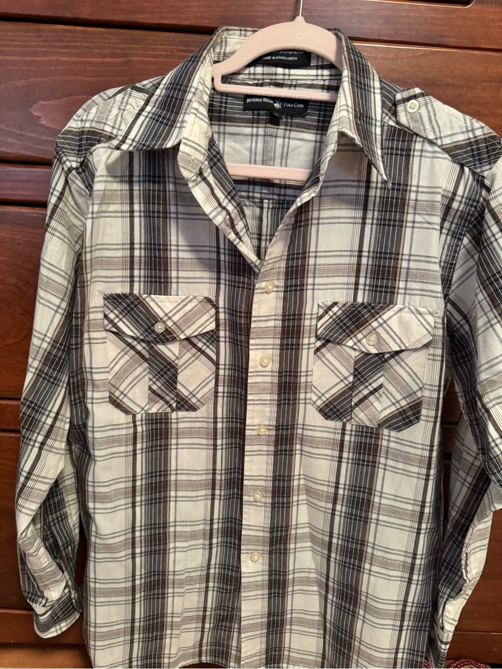Beverly Hills Polo Club Cream and Brown Plaid Button-Down Shirt